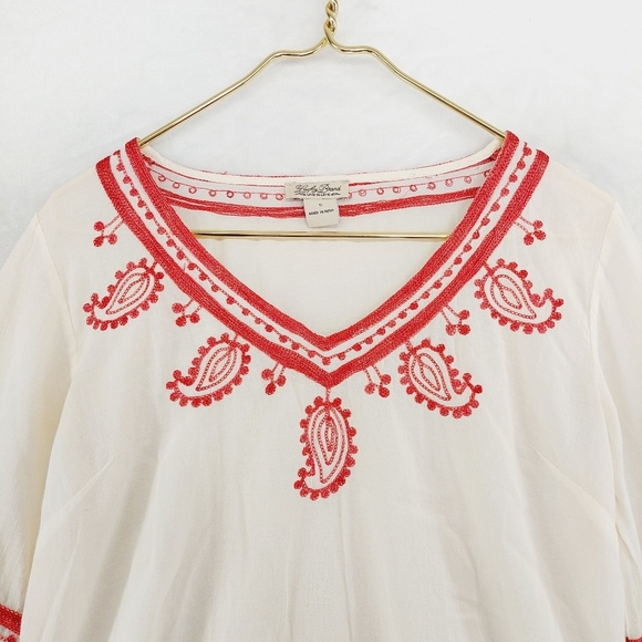 Lucky Brand Topanga Days White and Red Embroidered Peasant Tunic/Top/Blouse P359 - Picture 3 of 8